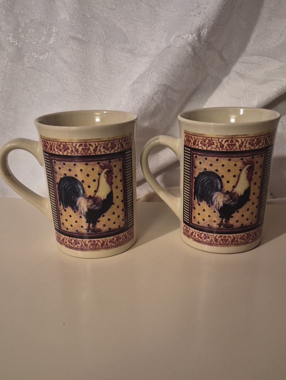 Bay Island Cream and Black Rooster Ceramic Mugs - Set of 2